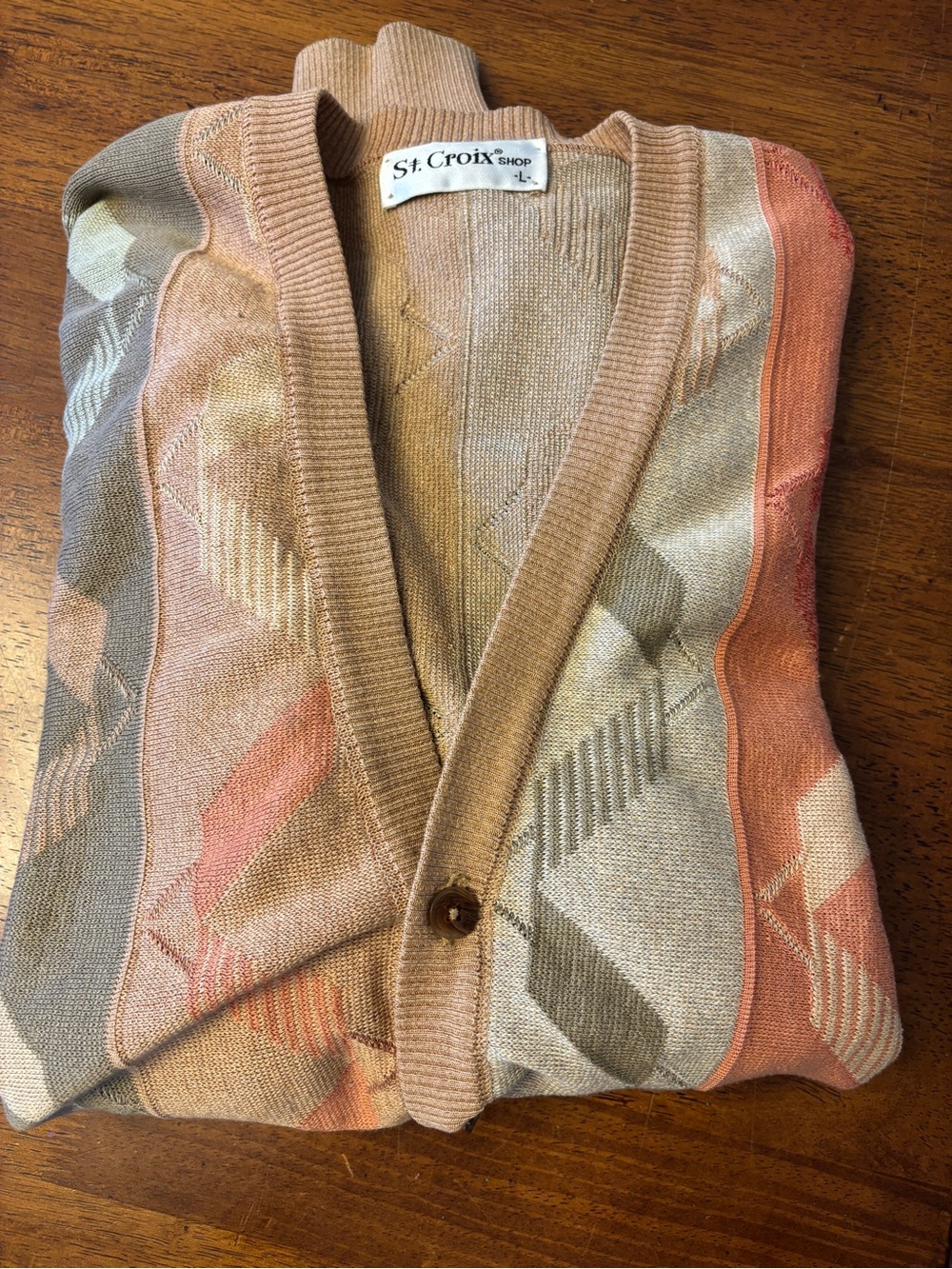 St Croix Men's V-Neck Button Cardigan Sweater in Tan Multi color large vintage - Picture 2 of 10